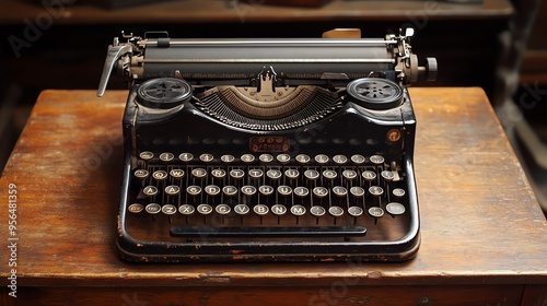 A vintage typewriter on a wooden desk.