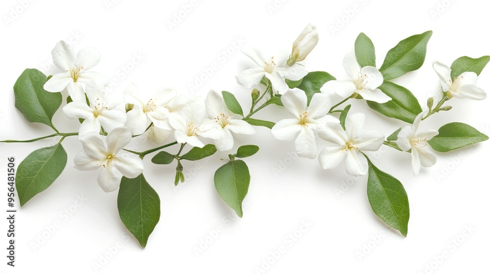 A delicate branch of white flowers with green leaves, isolated on a white background. The flowers are in full bloom and the leaves are lush and green. A delicate branch of white flowers with green leaves, isolated on a white background. The flowers are in full bloom and the leaves are lush and green.