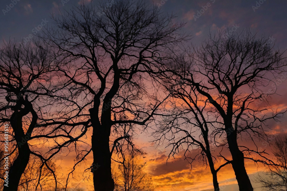 Sunset and silhouettes of trees in the mountains Sunset and silhouettes of trees in the mountains