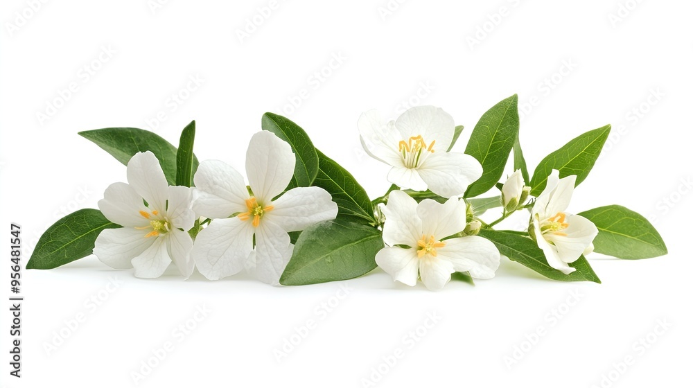 A delicate cluster of white flowers with yellow centers, nestled amongst green leaves, creates a beautiful and serene image. A delicate cluster of white flowers with yellow centers, nestled amongst green leaves, creates a beautiful and serene image.