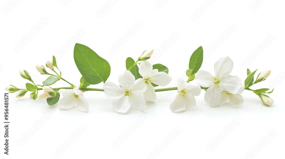 A sprig of white flowers with green leaves on a white background. A sprig of white flowers with green leaves on a white background.