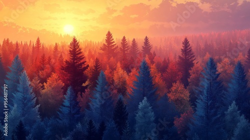 Sunset Over a Vibrant Forest Canopy. AI generated illustration