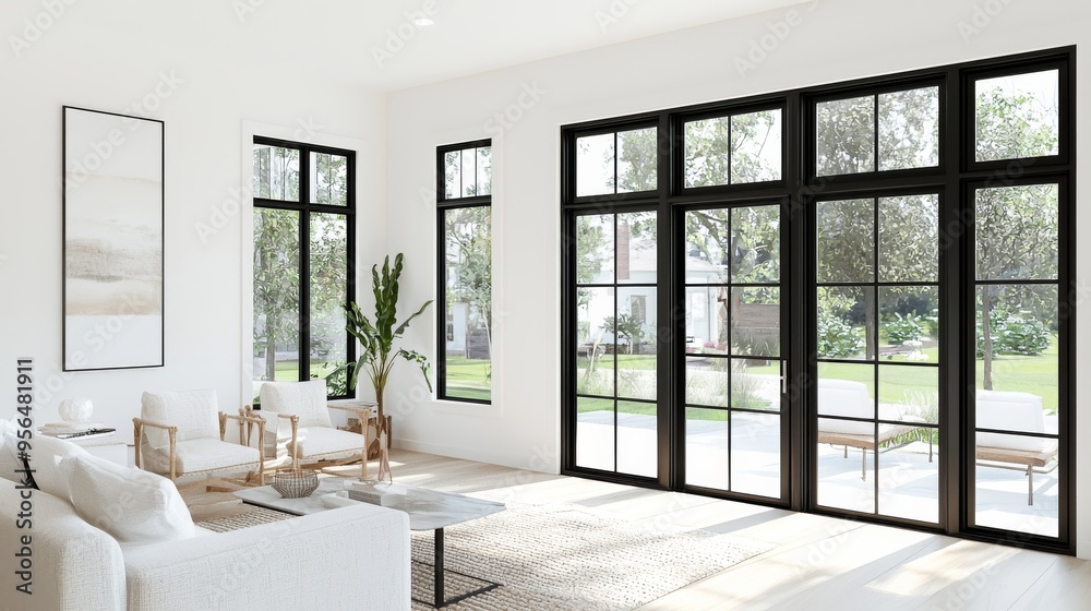 Fototapeta premium A bright living room with many windows and a cozy couch
