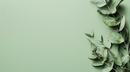 Eucalyptus branches with vibrant green leaves creating a natural border on a matching color background with copy space