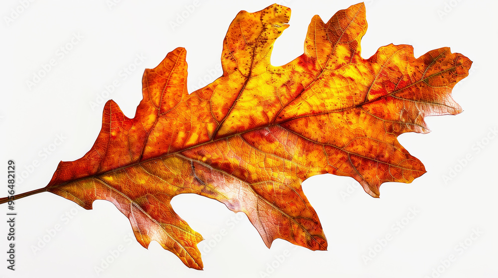 Obraz premium Aesthetic oak leaf with vibrant autumn colors, copy space, white background, presentation template. Generative AI