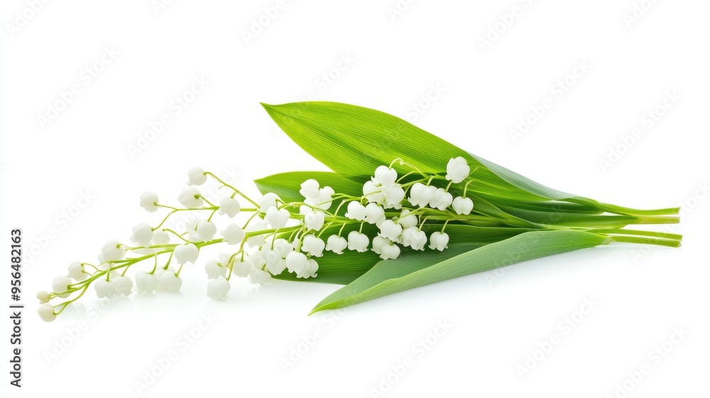 Fototapeta premium A delicate bouquet of lily of the valley flowers with their signature white bell-shaped blooms and vibrant green leaves, arranged on a white backgroun