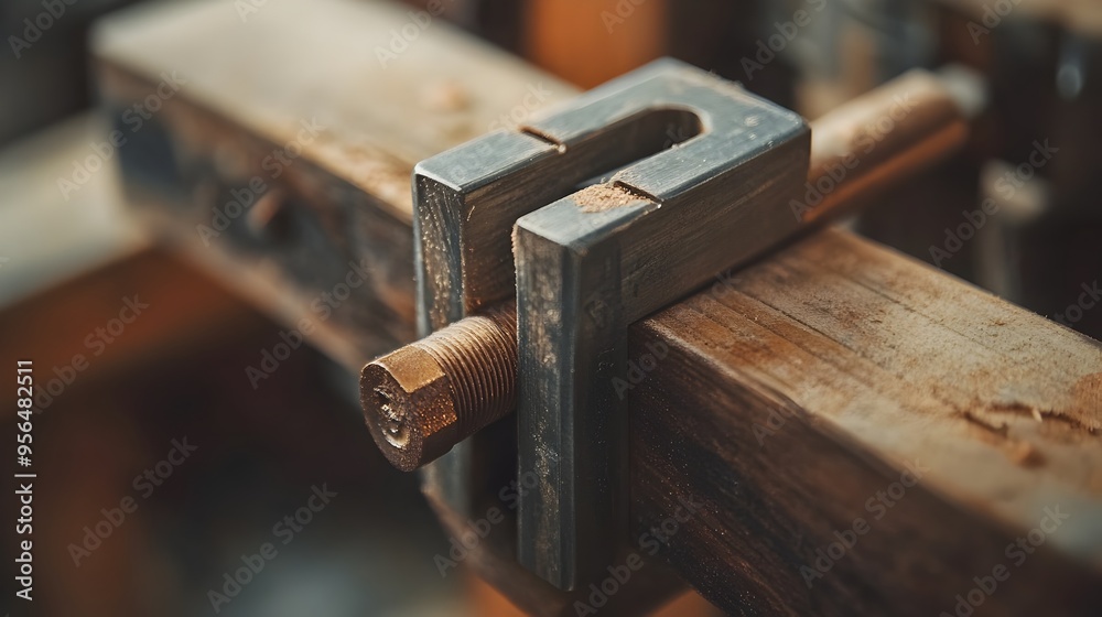 Macro close up photograph showcasing the precision and tension of a woodworking clamp securely holding pieces of wood together in perfect alignment Macro close up photograph showcasing the precision and tension of a woodworking clamp securely holding pieces of wood together in perfect alignment