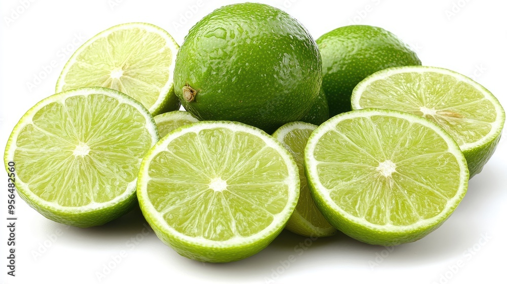Fresh Green Limes Whole and Sliced Displayed on White Background for Culinary and Beverage Use Fresh Green Limes Whole and Sliced Displayed on White Background for Culinary and Beverage Use