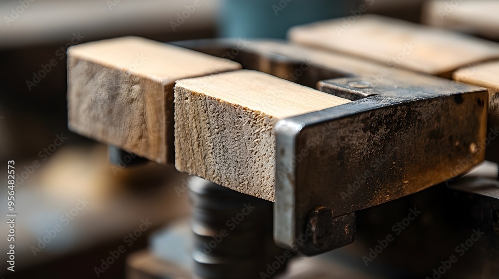 Macro close up photograph showcasing the intricate details and tension of a woodworking clamp firmly gripping and aligning two wooden pieces together Macro close up photograph showcasing the intricate details and tension of a woodworking clamp firmly gripping and aligning two wooden pieces together