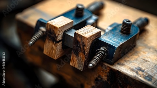 Macro photograph of a woodworking clamp firmly holding pieces of wood together showcasing the tension alignment and intricate details of the tool and materials