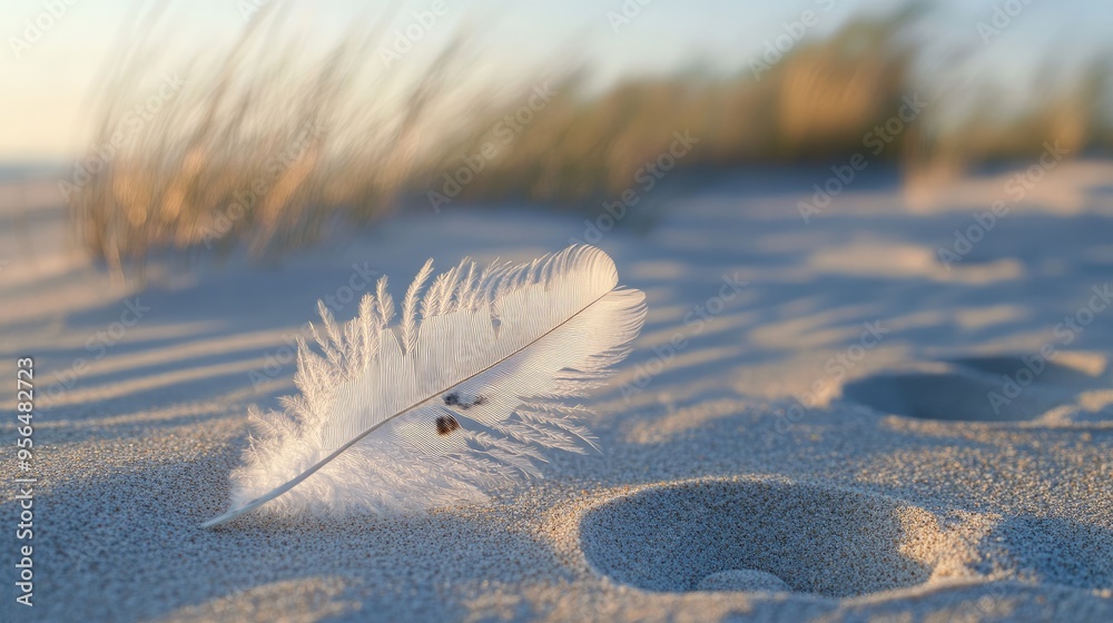 A gentle breeze blowing feathers across a sandy beach, with footprints in the background A gentle breeze blowing feathers across a sandy beach, with footprints in the background