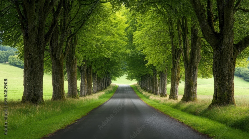 a quiet countryside road lined with trees, a peaceful and scenic atmosphere a quiet countryside road lined with trees, a peaceful and scenic atmosphere