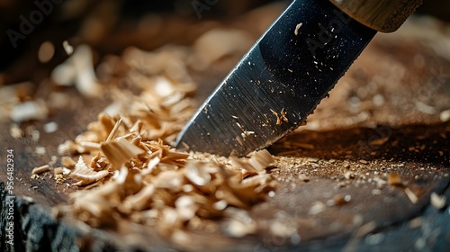 Macro photography of a sharp chisel cutting into a piece of wood capturing the intricate texture of the tool s edge and the scattered wood shavings on a rough photo