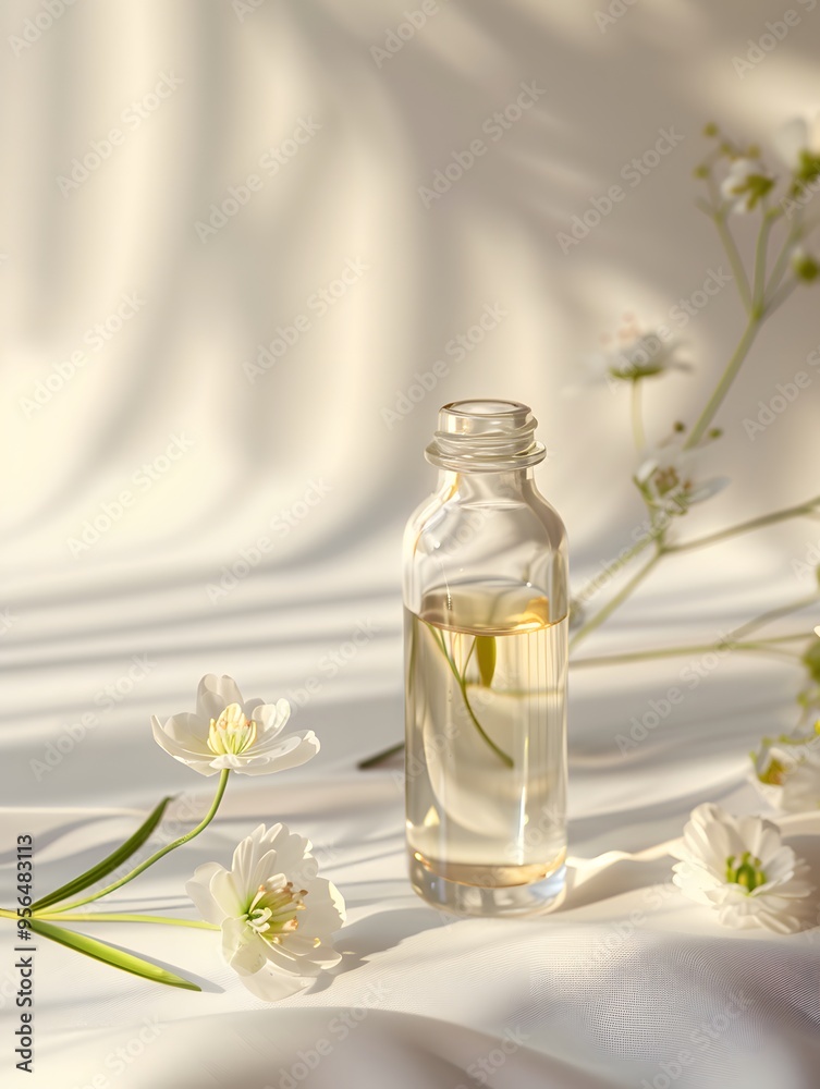 A glass bottle of essential oil with white flowers and sunlight on a white background. A glass bottle of essential oil with white flowers and sunlight on a white background.