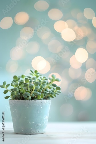 A small potted succulent plant with green leaves sits on a white table in front of a blue background with bokeh lights.