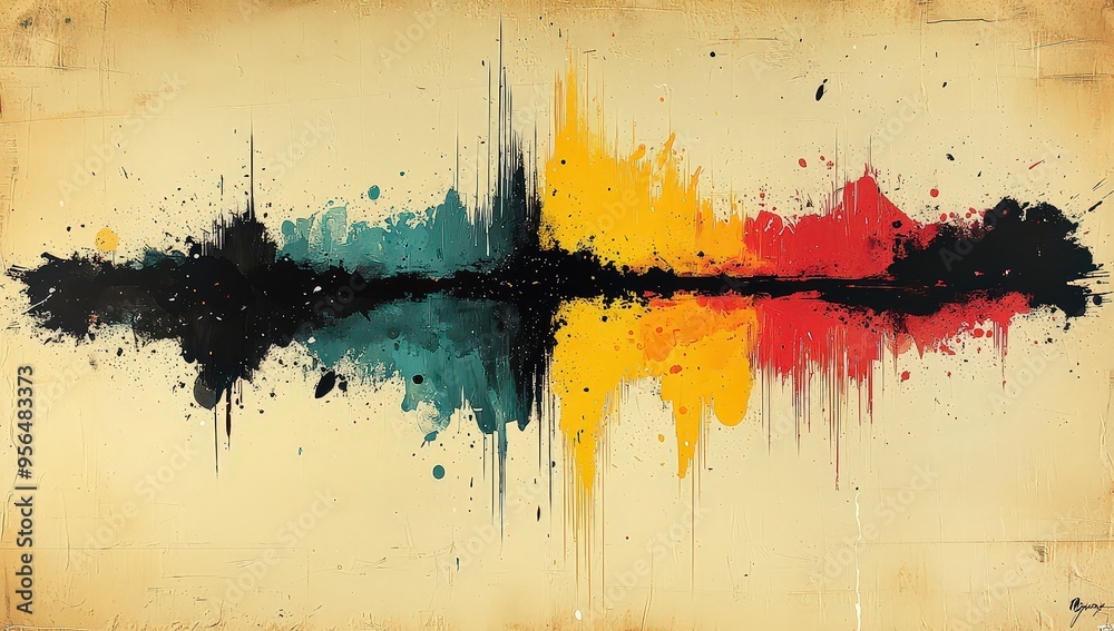 The dynamic composition, with bold colors in a palette of yellow, black, blue, red, and green, paint drips, and splatters of ink. The dynamic composition, with bold colors in a palette of yellow, black, blue, red, and green, paint drips, and splatters of ink.
