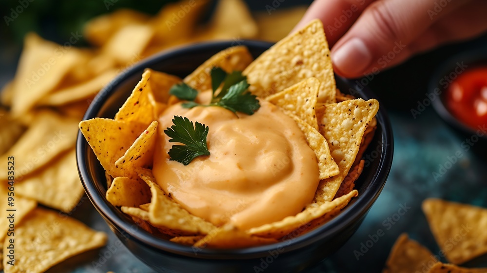 Corn chips and cheese sauce top view Mexican nachos corn chips with cheese sauce on the table Hand holds chips and dips in cheese sauce : Generative AI Corn chips and cheese sauce top view Mexican nachos corn chips with cheese sauce on the table Hand holds chips and dips in cheese sauce : Generative AI