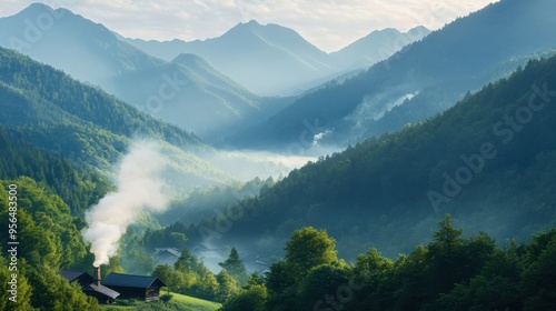 a quiet village nestled in the mountains, with smoke rising from chimneys, a peaceful rural scene