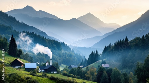 a quiet village nestled in the mountains, with smoke rising from chimneys, a peaceful rural scene