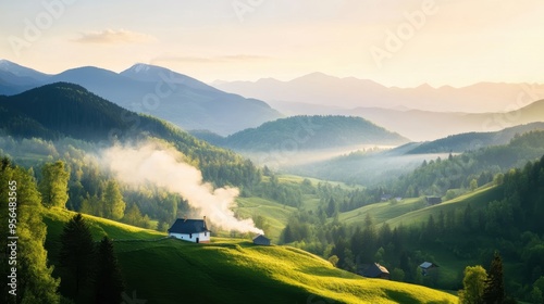 a quiet village nestled in the mountains, with smoke rising from chimneys, a peaceful rural scene
