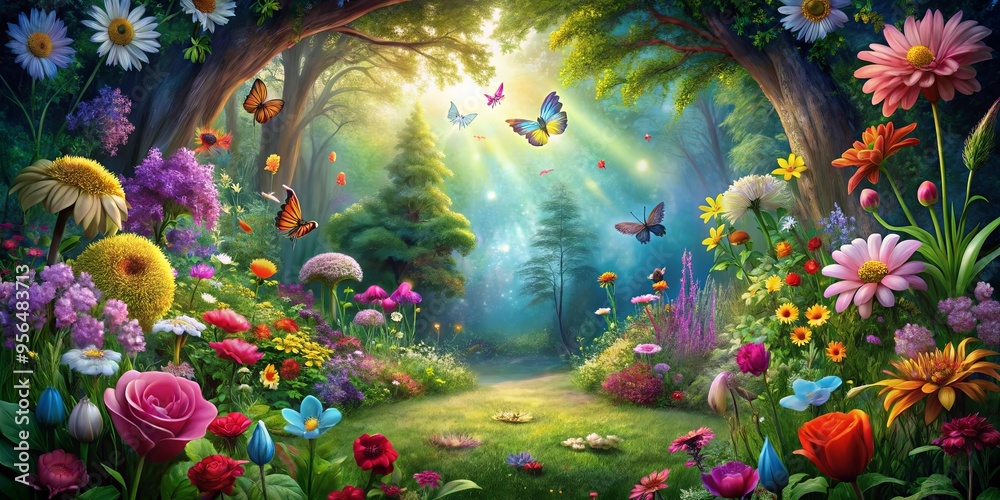 Fototapeta premium Vibrant and whimsical enchanted garden with colorful flowers and mystical creatures