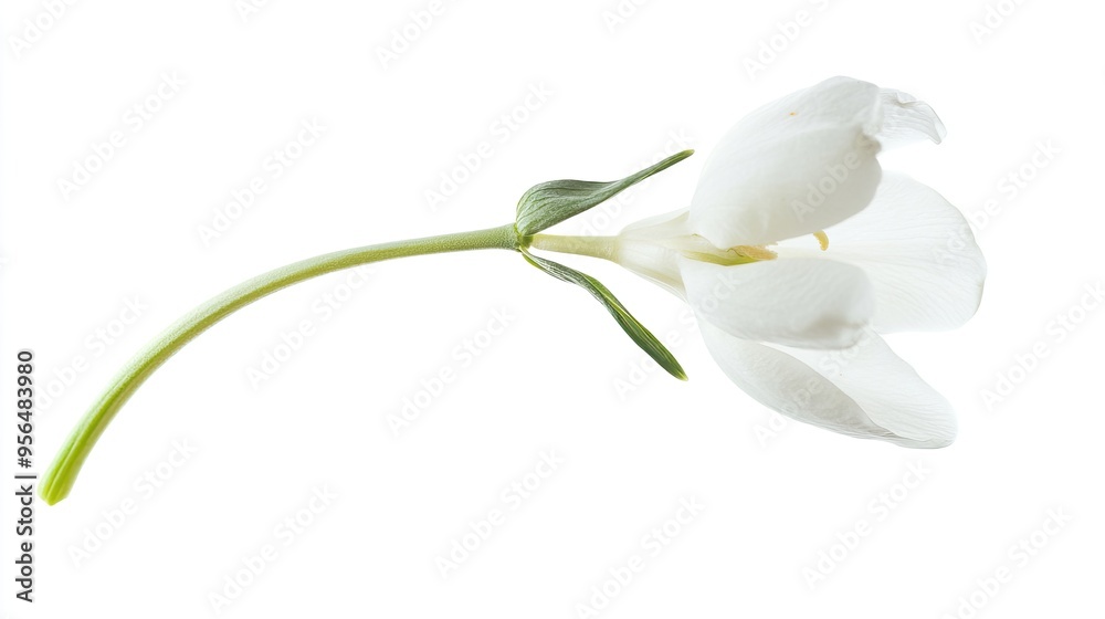 A single white flower with green stem isolated on a white background. A single white flower with green stem isolated on a white background.