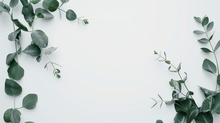 Eucalyptus branches create a minimalist and natural border on a clean, white surface