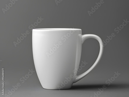 A white ceramic mug with a rounded body and a curved handle, isolated on a grey background.