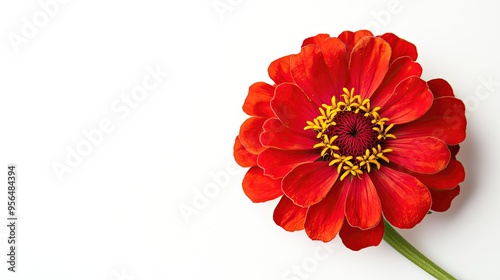 A single red zinnia flower with yellow center blooms against a white background. The flower is in full bloom and the petals are soft and delicate.