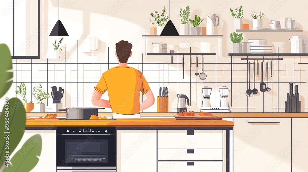 A man in a yellow shirt stands in a kitchen with his back to the camera while cooking. A man in a yellow shirt stands in a kitchen with his back to the camera while cooking.