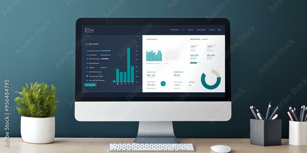 A computer displaying business analytics charts. A computer displaying business analytics charts.