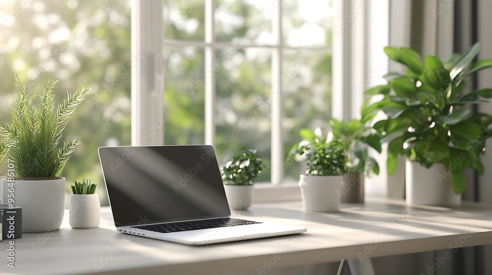 Bright and airy office aesthetic with laptop computer and plants : Generative AI Bright and airy office aesthetic with laptop computer and plants : Generative AI