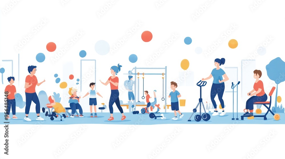 Inclusive family fitness at a community gym, with members of all ages and abilities engaging in various exercises, illustration Inclusive family fitness at a community gym, with members of all ages and abilities engaging in various exercises, illustration