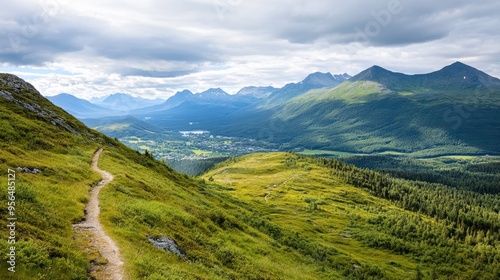 a remote mountain landscape with rugged peaks, winding trails, and a distant city visible in the valley below, capturing the grandeur of nature