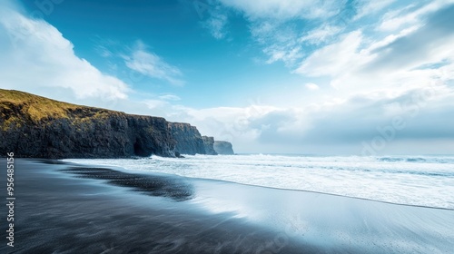 a remote, windswept beach with rugged cliffs and crashing waves, the natural beauty of the scene a sense of awe and isolation