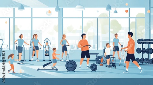 Inclusive family fitness at a community gym, with members of all ages and abilities engaging in various exercises, illustration