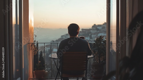 Wallpaper Mural Man drinks coffee on a balcony overlooking a city. Torontodigital.ca
