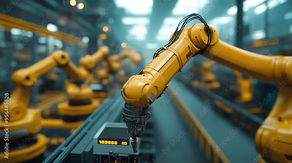 MLP Smart industry robot arms for digital factory production technology showing automation manufacturing process of the Industry 40 or 4th industrial revolution and IOT software to con : Generative AI MLP Smart industry robot arms for digital factory production technology showing automation manufacturing process of the Industry 40 or 4th industrial revolution and IOT software to con : Generative AI