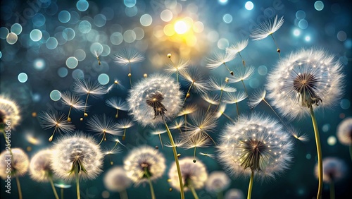 Abstract background of dandelion seeds floating in the wind creating a mesmerizing bokeh effect