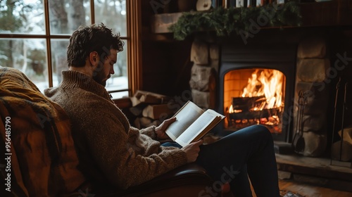 A man relaxes in a cozy cabin, reading a book by the fireplace.