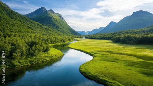 a river winding through a lush green valley, with crystal-clear water reflecting the surrounding trees and mountains, a peaceful and idyllic scene