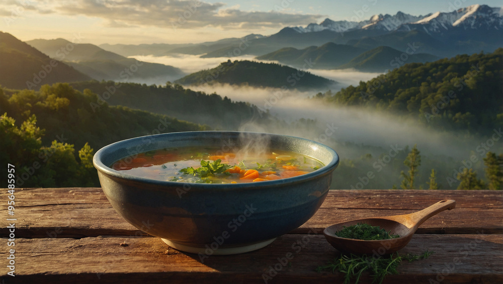 Steaming bowl of soup with herbs, set on a wooden table overlooking misty mountains at sunrise. Steaming bowl of soup with herbs, set on a wooden table overlooking misty mountains at sunrise.