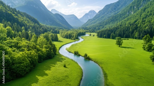 a river winding through a lush green valley, with crystal-clear water reflecting the surrounding trees and mountains, a peaceful and idyllic scene