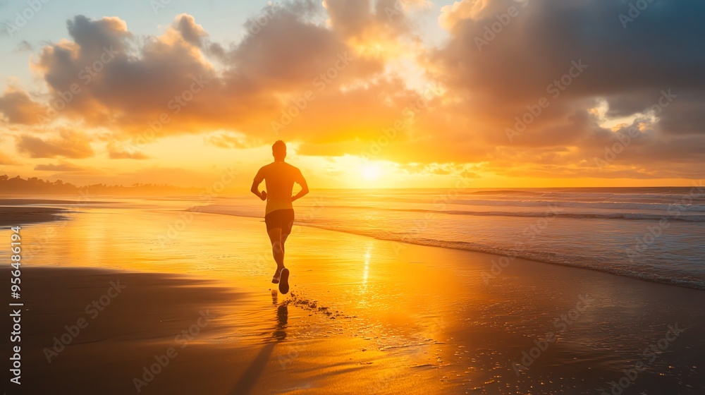 Silhouette of a runner on a beach at sunset. Silhouette of a runner on a beach at sunset.