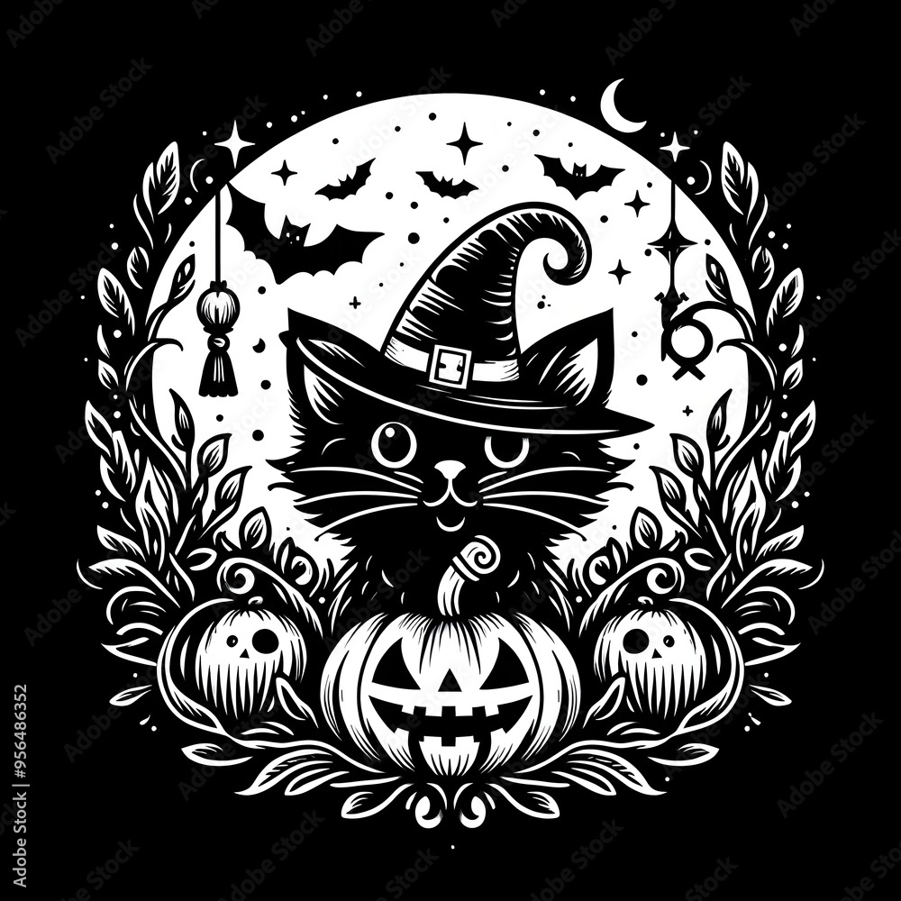 Halloween cat, spooky,empty space for text,minimalist,black and white,logo.	