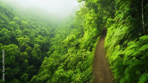 a rugged hiking trail leading through a dense forest, evoking a sense of adventure and exploration
