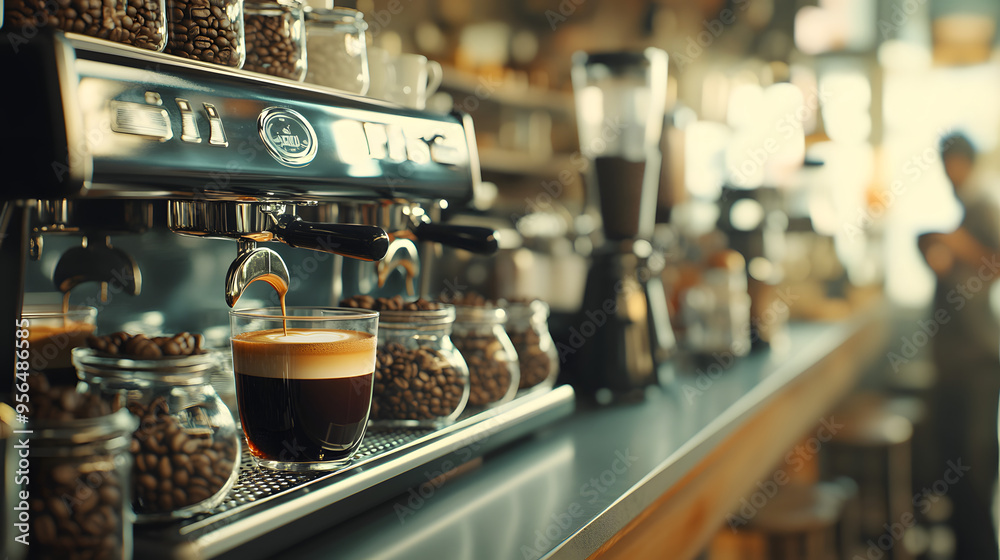 Barista Making a Cappuccino in a Bustling Cafe Barista Making a Cappuccino in a Bustling Cafe