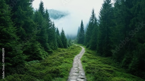 a rugged hiking trail leading through a dense forest, evoking a sense of adventure and exploration