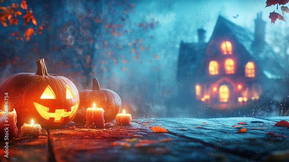Spooky Halloween Night with Pumpkins and Candles. AI generated illustration Spooky Halloween Night with Pumpkins and Candles. AI generated illustration
