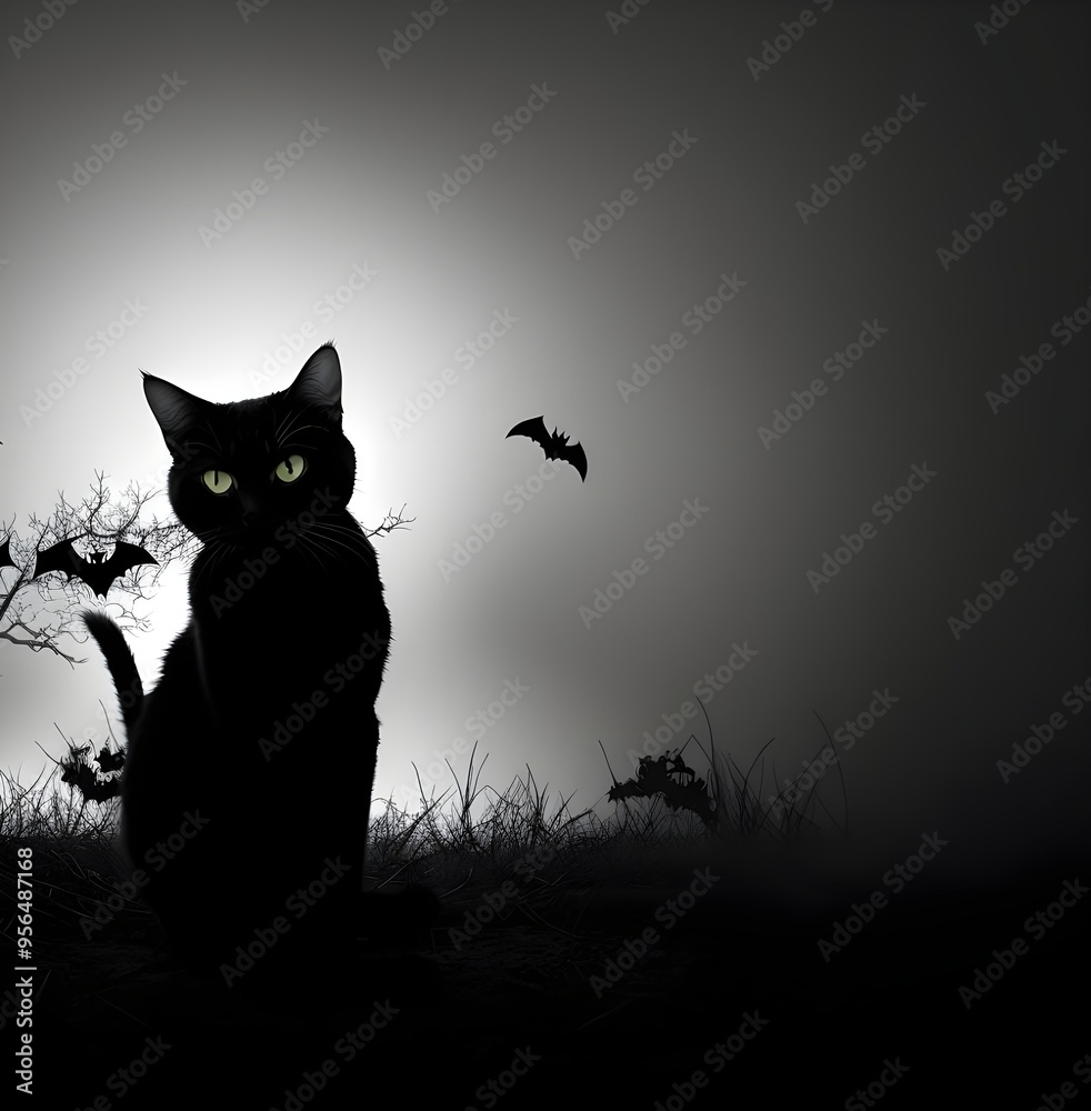Fototapeta premium Halloween cat, spooky,empty space for text,minimalist,black and white,logo. 
